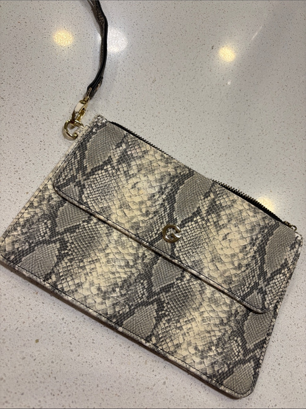 Snake-Print Wristlet Clutch in Gray and Cream